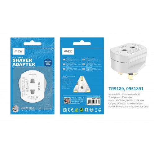 TR9189 UK Toothbrush & Shaving Adaptor Plug, 2 Pin to 3 Pin Electric Converter, 1A, White (Blister)