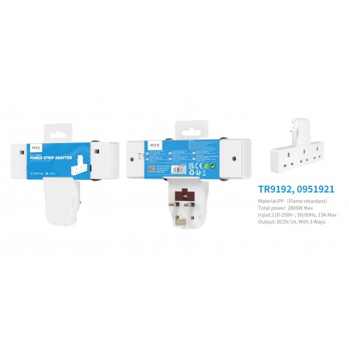 TR9192 UK Multi Plug Adaptor 3 Way Multi Plug Extension Sockets, 13A Wall Plug Adapter, White