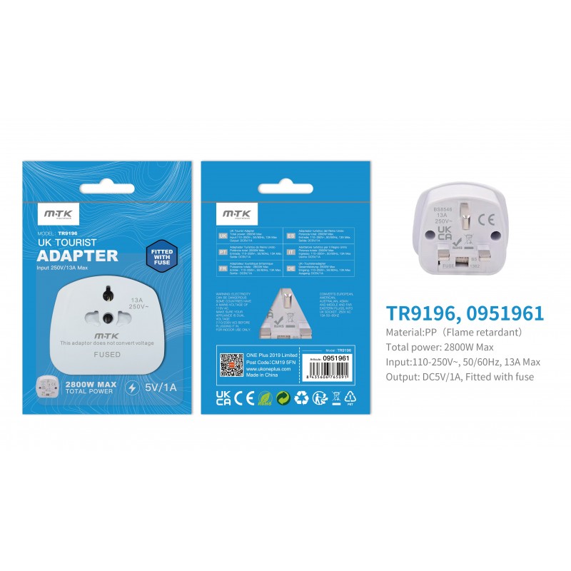 TR9196 UK Travel Adapter, World to UK, 13A, with Fuse, White